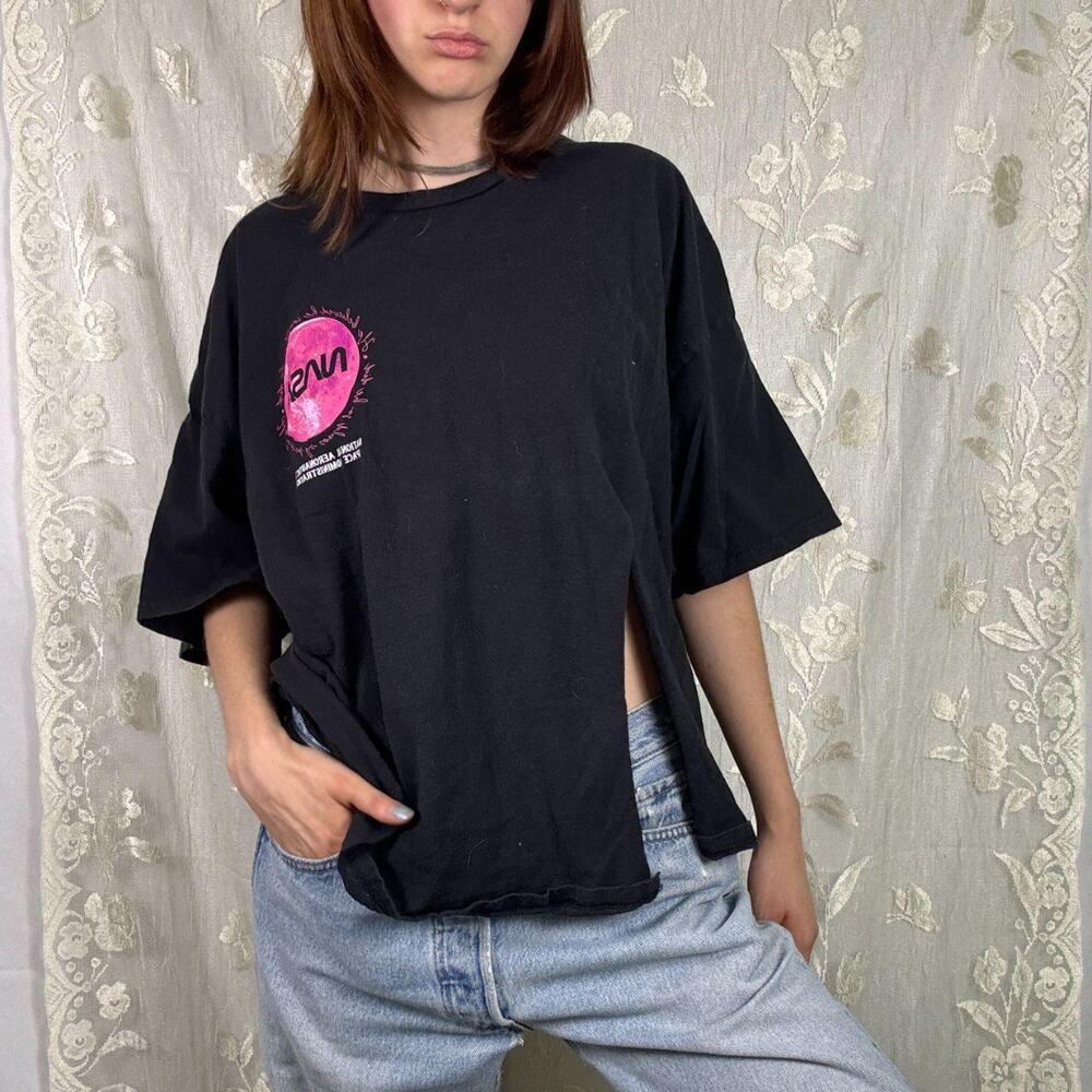 Reworked NASA Pink Planet Black Graphic Tee - Cut Out Side Slit Crop Top